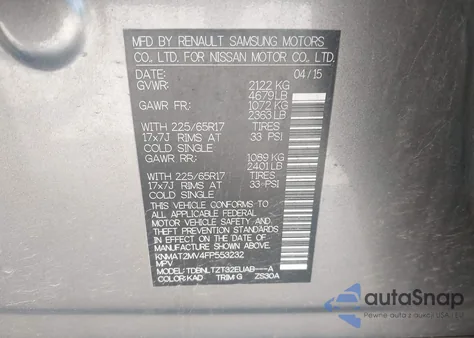 2015 Nissan Rogue Sv из США, поврежденный, VIN KNMAT2MV4FP553232